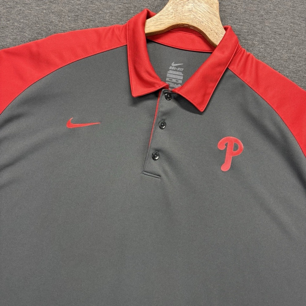 Nike Philadelphia Phillies Polo Shirt Mens XL Dri-fit Gray Red Short Sleeves MLB
